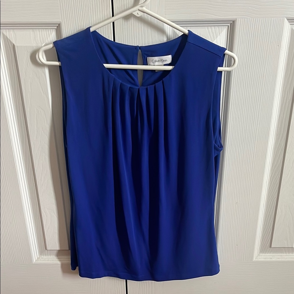 Calvin Klein Blue Sleeveless Pleated Blouse